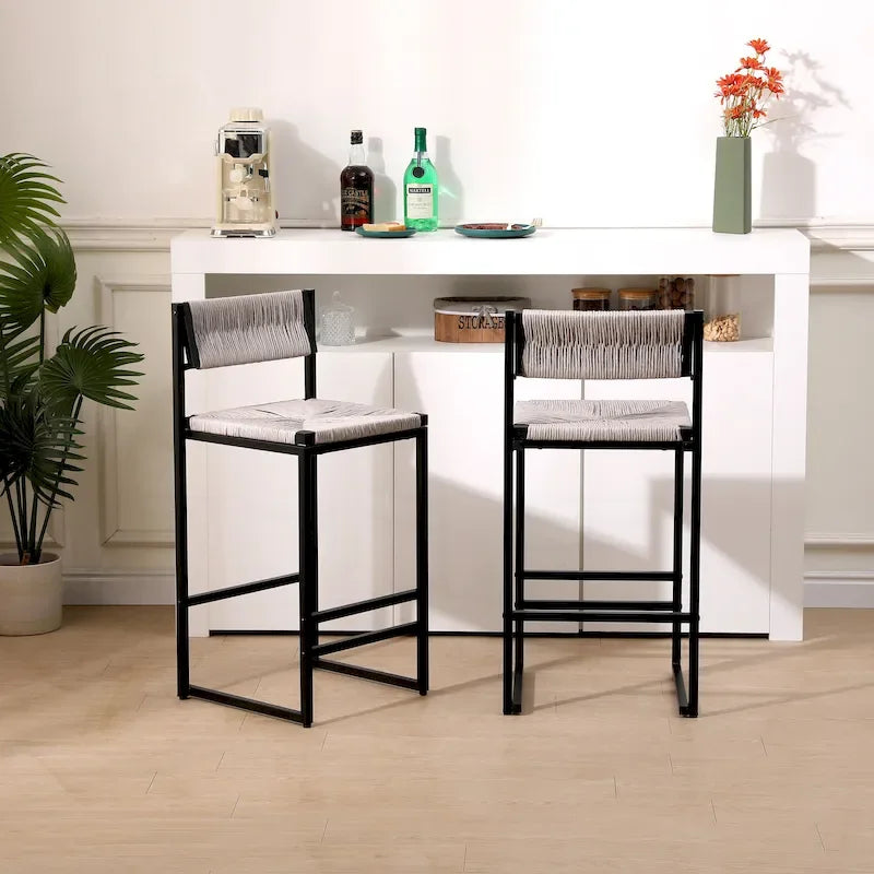Lot de 2 tabourets de bar, blanc/miel/gris, dossier en corde de papier tressée de style ferme, hauteur comptoir