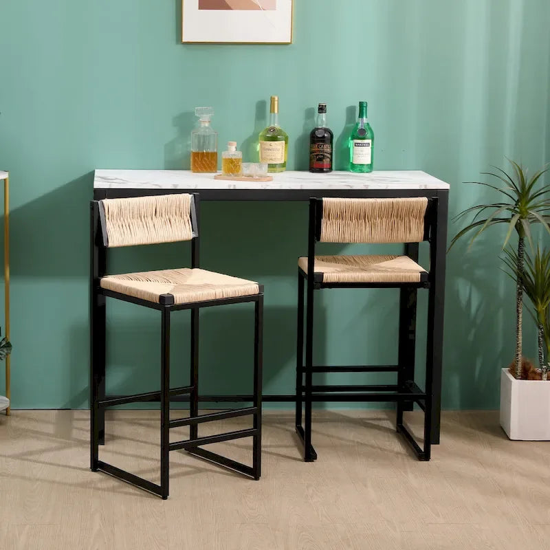 Lot de 2 tabourets de bar, blanc/miel/gris, dossier en corde de papier tressée de style ferme, hauteur comptoir