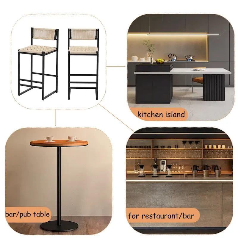 Lot de 2 tabourets de bar, blanc/miel/gris, dossier en corde de papier tressée de style ferme, hauteur comptoir