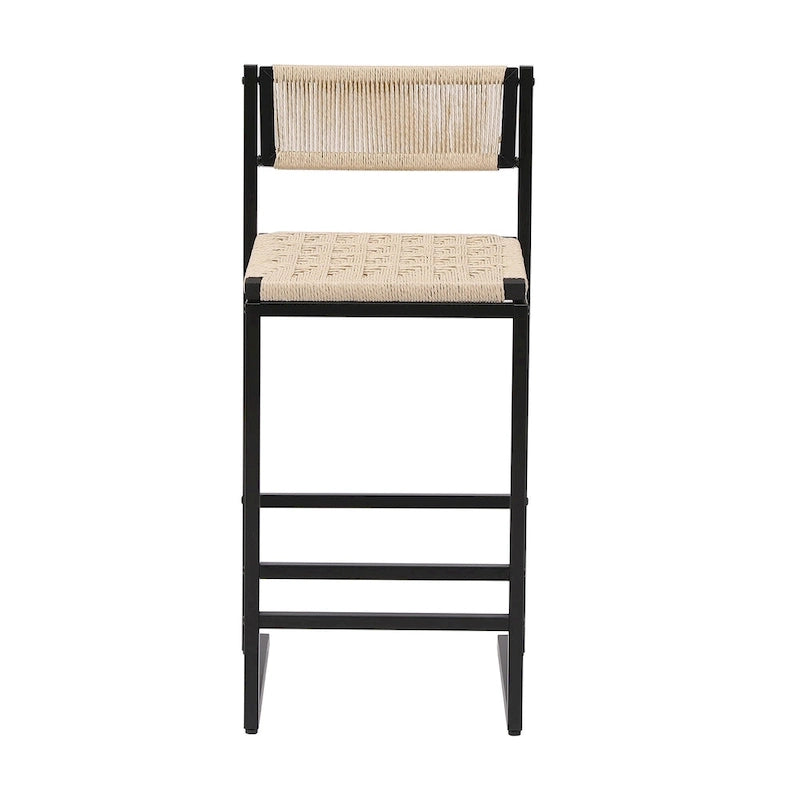 Lot de 2 tabourets de bar, blanc/miel/gris, dossier en corde de papier tressée de style ferme, hauteur comptoir