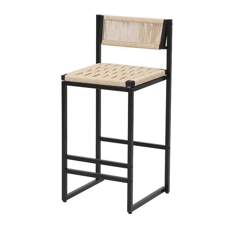 Lot de 2 tabourets de bar, blanc/miel/gris, dossier en corde de papier tressée de style ferme, hauteur comptoir
