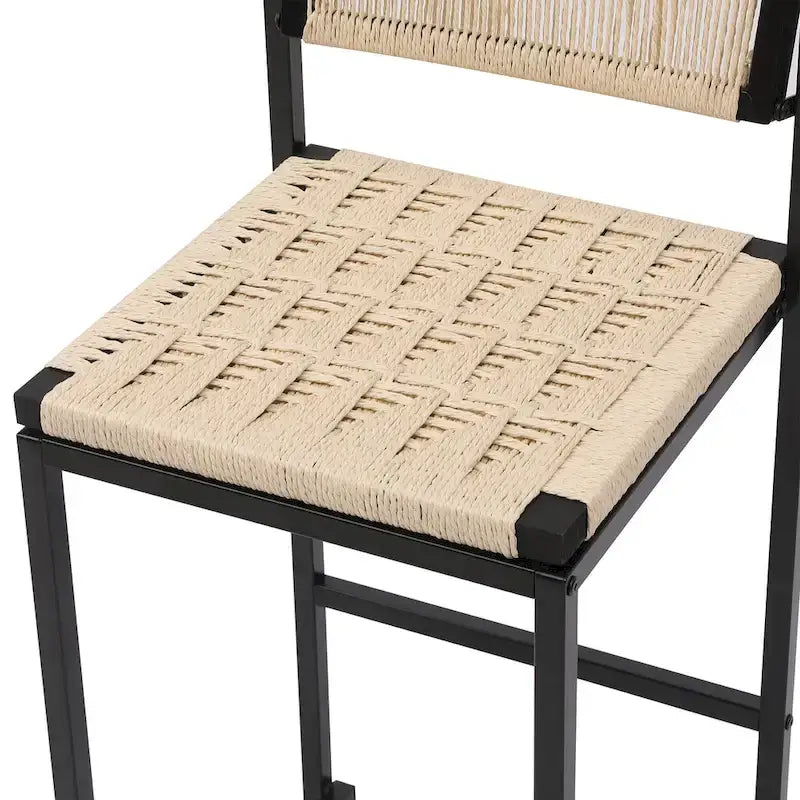 Lot de 2 tabourets de bar, blanc/miel/gris, dossier en corde de papier tressée de style ferme, hauteur comptoir