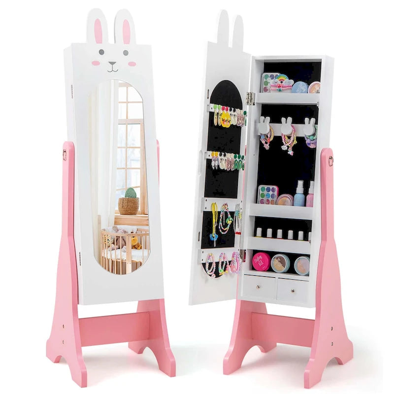 Meuble à bijoux sur pied avec miroir pour enfant, blanc/rose, 1 enfant