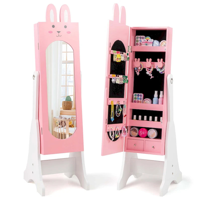 Meuble à bijoux sur pied avec miroir pour enfant, blanc/rose, 1 enfant