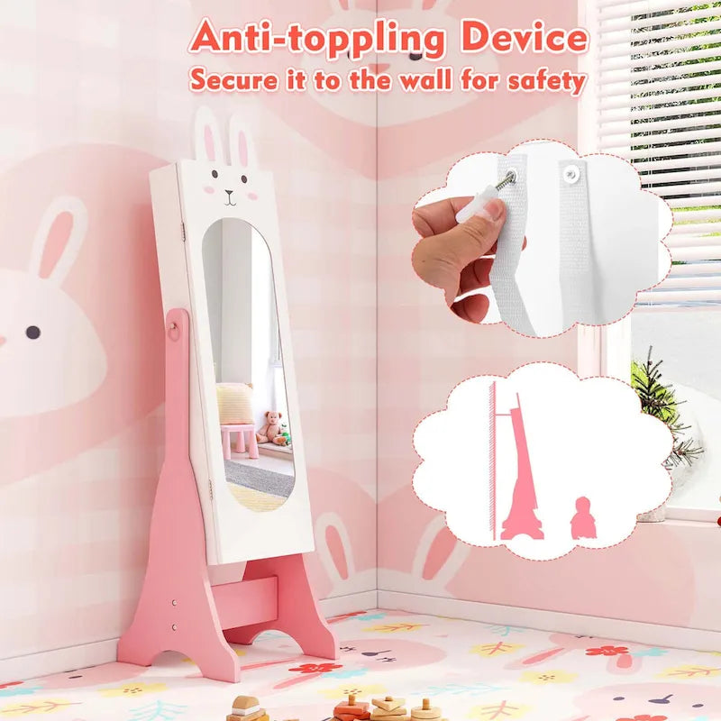 Meuble à bijoux sur pied avec miroir pour enfant, blanc/rose, 1 enfant