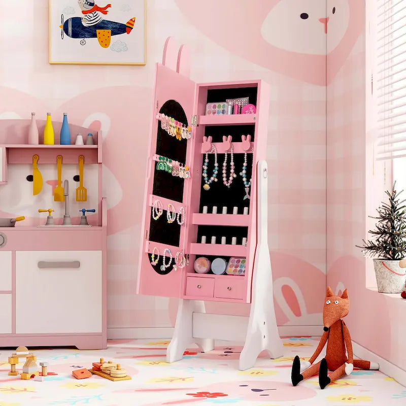 Meuble à bijoux sur pied avec miroir pour enfant, blanc/rose, 1 enfant