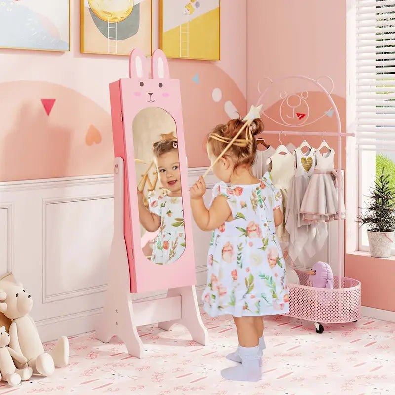 Meuble à bijoux sur pied avec miroir pour enfant, blanc/rose, 1 enfant