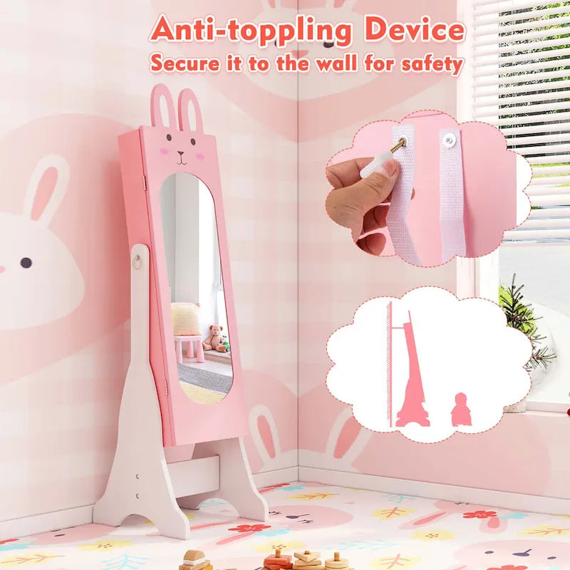 Meuble à bijoux sur pied avec miroir pour enfant, blanc/rose, 1 enfant