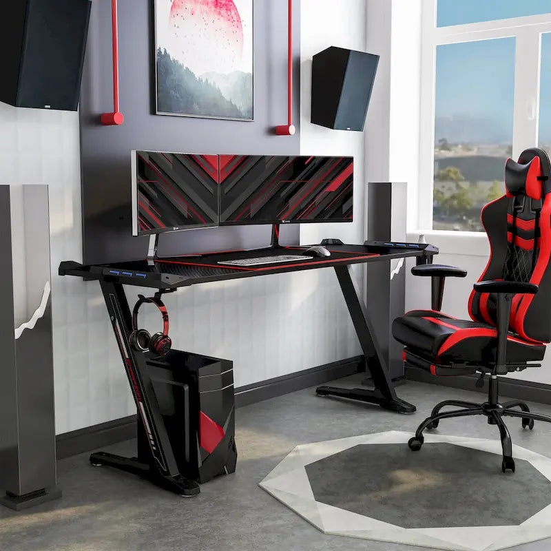 Bureau gaming moderne noir, une place, avec lumières LED et ports USB