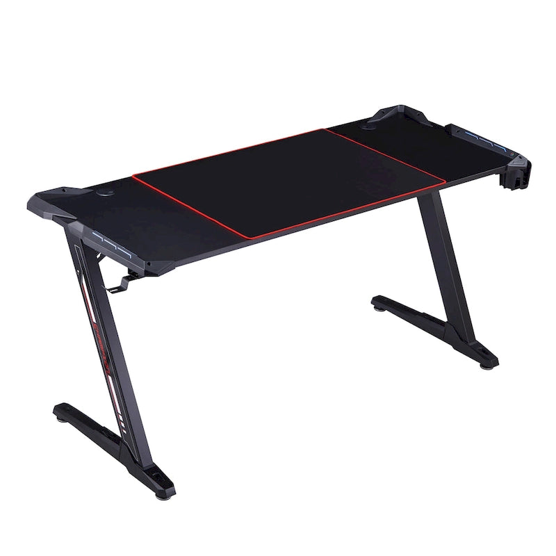 Bureau gaming moderne noir, une place, avec lumières LED et ports USB