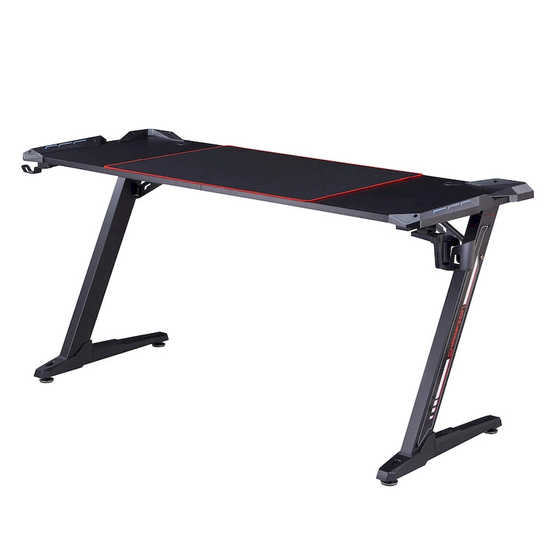 Bureau gaming moderne noir, une place, avec lumières LED et ports USB