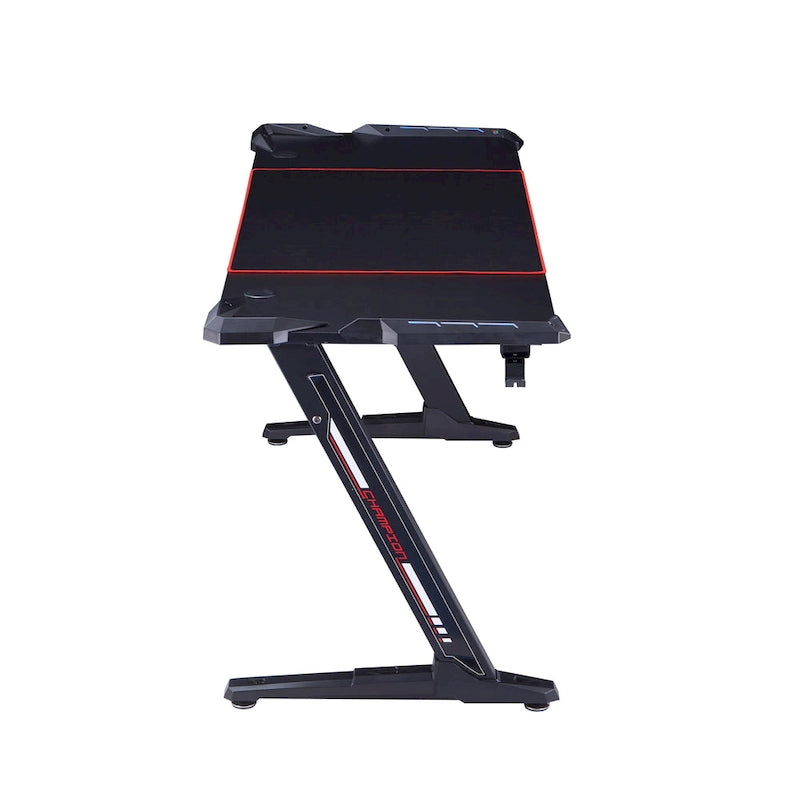 Bureau gaming moderne noir, une place, avec lumières LED et ports USB