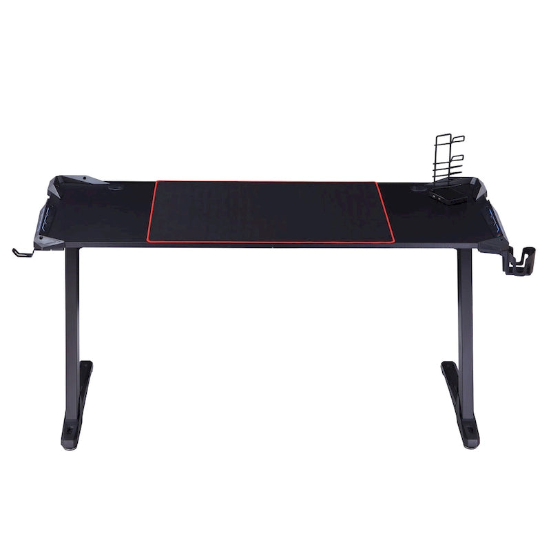 Bureau gaming moderne noir, une place, avec lumières LED et ports USB