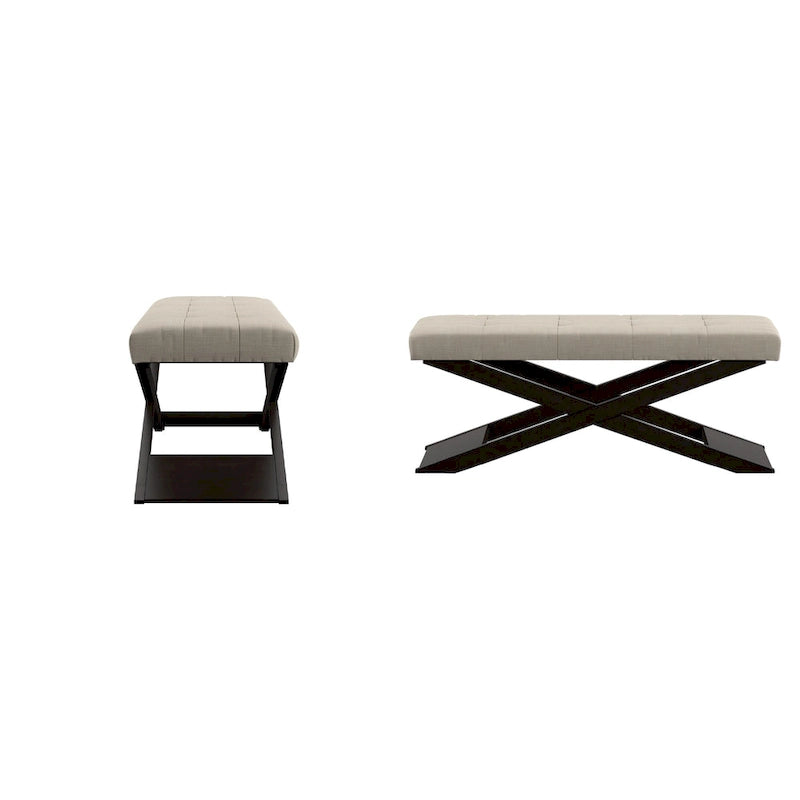 Banc à piètement en X en lin beige, espresso, 1 place