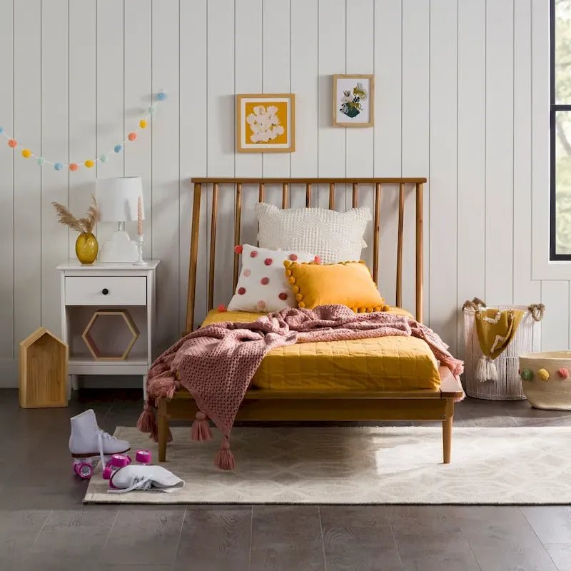 Lit plateforme à broches en bois massif Noyer / Caramel / Blanc / Noir / Chêne clair, Jumeau / Queen / King, pour 1 à 2 personnes