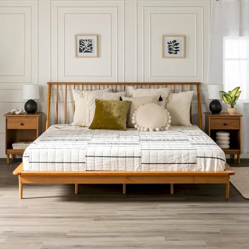 Lit plateforme à broches en bois massif Noyer / Caramel / Blanc / Noir / Chêne clair, Jumeau / Queen / King, pour 1 à 2 personnes
