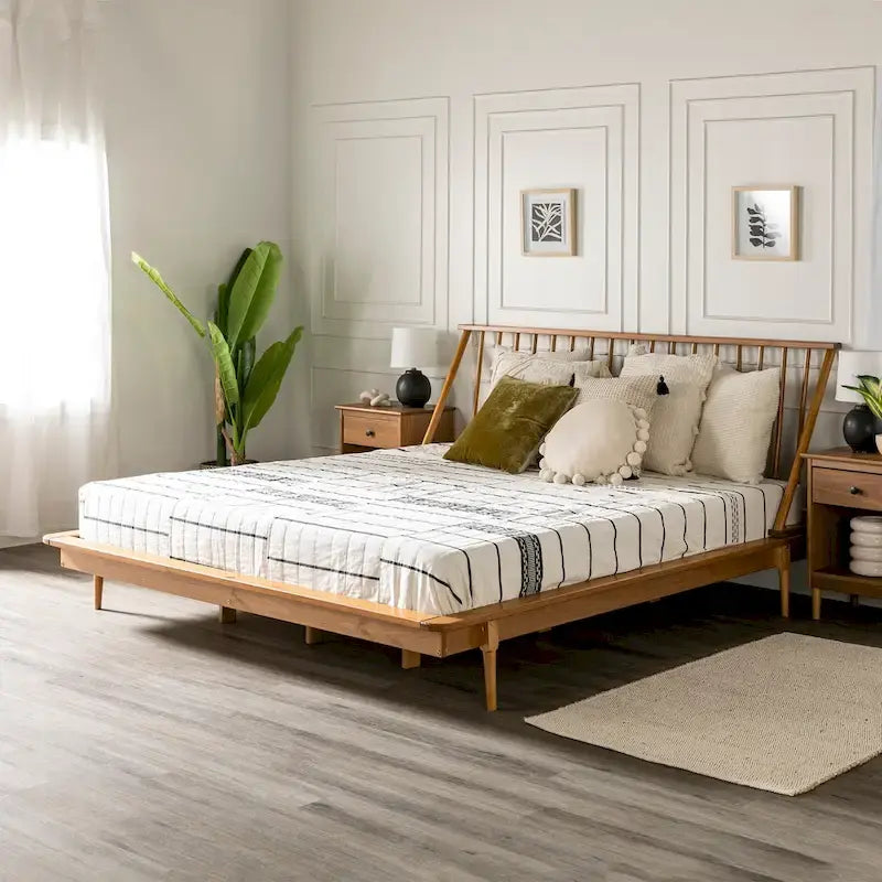 Lit plateforme à broches en bois massif Noyer / Caramel / Blanc / Noir / Chêne clair, Jumeau / Queen / King, pour 1 à 2 personnes