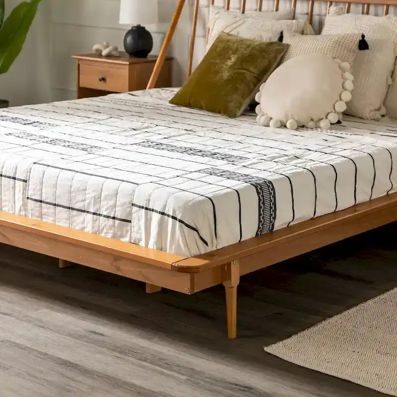 Lit plateforme à broches en bois massif Noyer / Caramel / Blanc / Noir / Chêne clair, Jumeau / Queen / King, pour 1 à 2 personnes