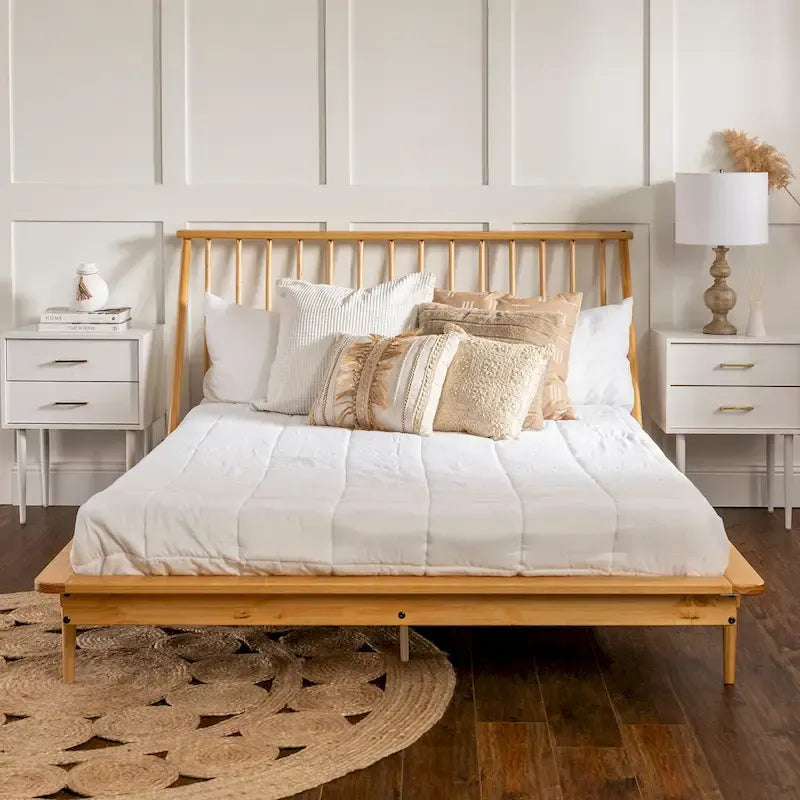 Lit plateforme à broches en bois massif Noyer / Caramel / Blanc / Noir / Chêne clair, Jumeau / Queen / King, pour 1 à 2 personnes