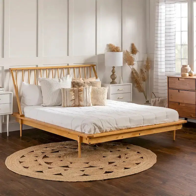 Lit plateforme à broches en bois massif Noyer / Caramel / Blanc / Noir / Chêne clair, Jumeau / Queen / King, pour 1 à 2 personnes