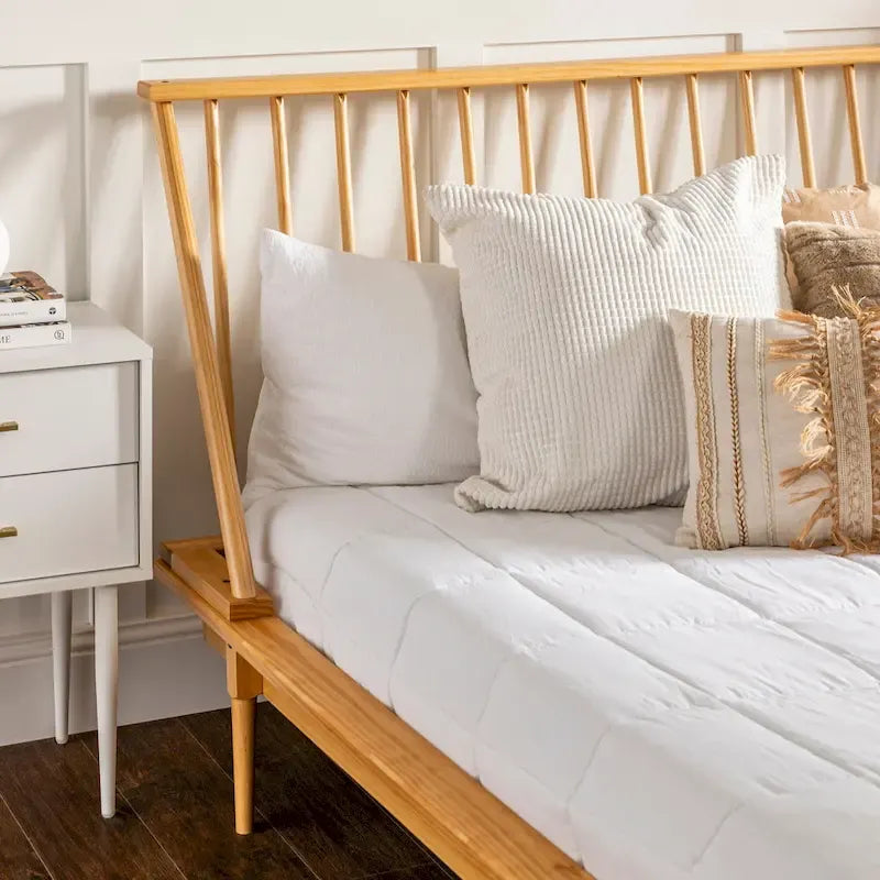 Lit plateforme à broches en bois massif Noyer / Caramel / Blanc / Noir / Chêne clair, Jumeau / Queen / King, pour 1 à 2 personnes