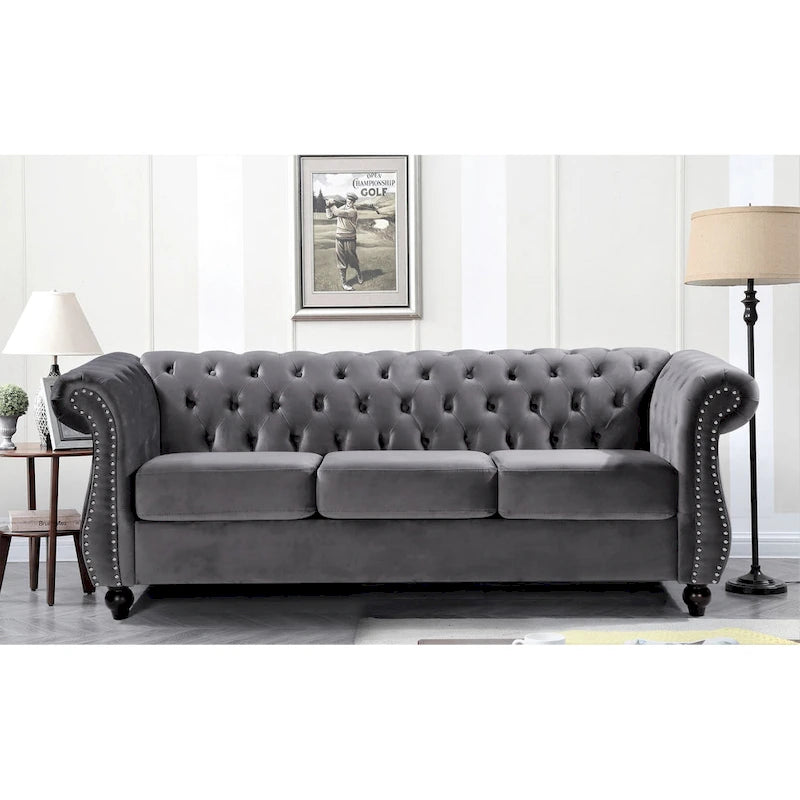 Canapé Chesterfield en velours – Gris/Ivoire/Noir/Bleu/Vert/Rose, 3 places