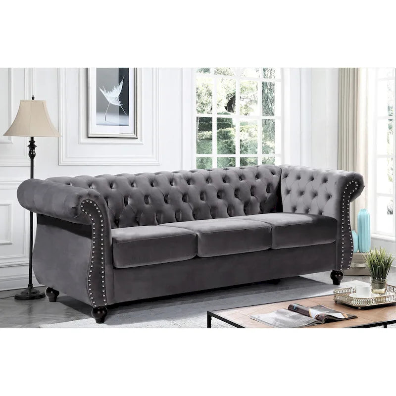 Canapé Chesterfield en velours – Gris/Ivoire/Noir/Bleu/Vert/Rose, 3 places