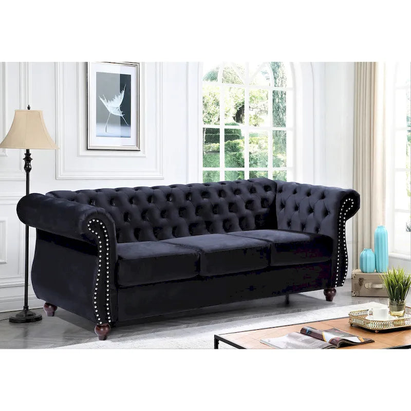 Canapé Chesterfield en velours – Gris/Ivoire/Noir/Bleu/Vert/Rose, 3 places