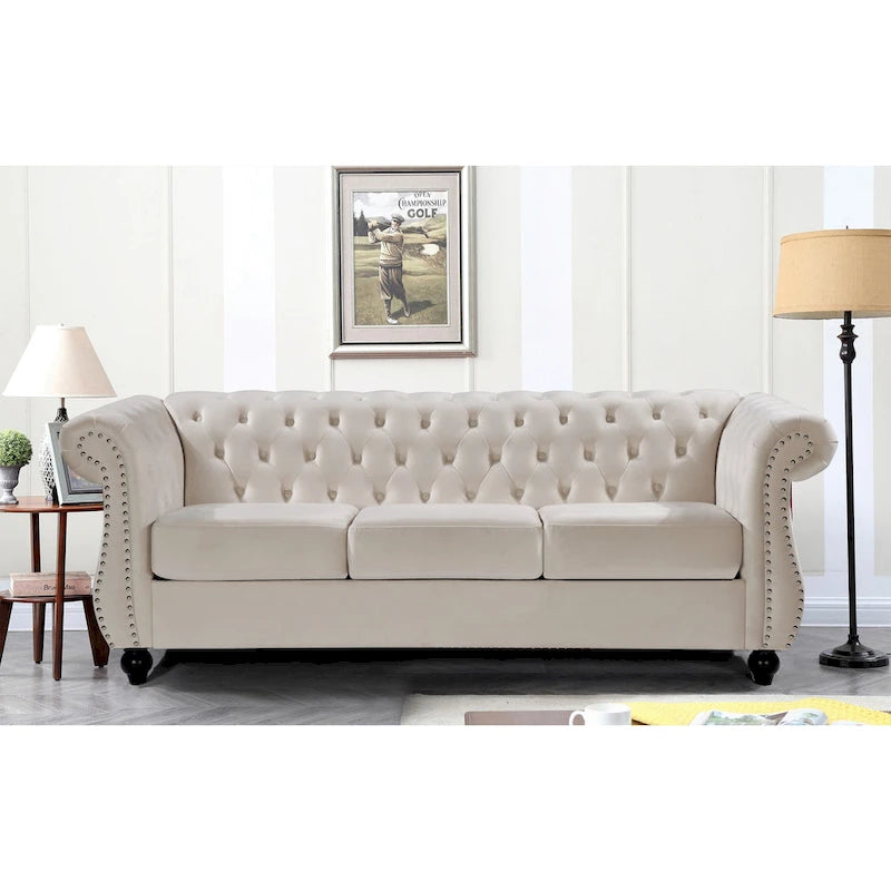 Canapé Chesterfield en velours – Gris/Ivoire/Noir/Bleu/Vert/Rose, 3 places