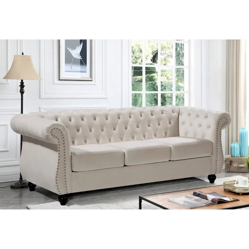 Canapé Chesterfield en velours – Gris/Ivoire/Noir/Bleu/Vert/Rose, 3 places