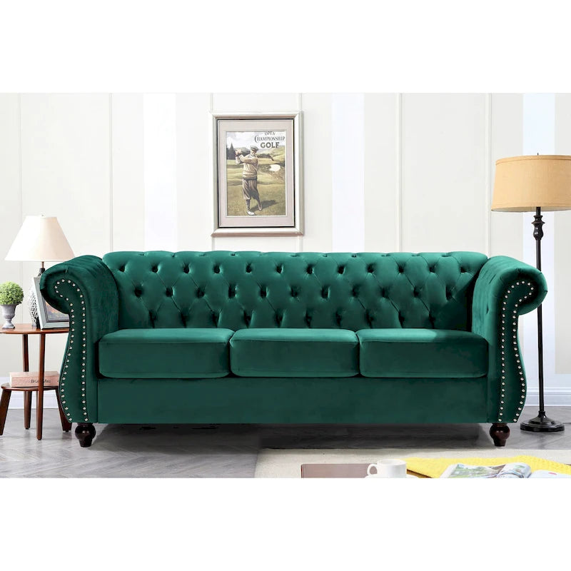 Canapé Chesterfield en velours – Gris/Ivoire/Noir/Bleu/Vert/Rose, 3 places