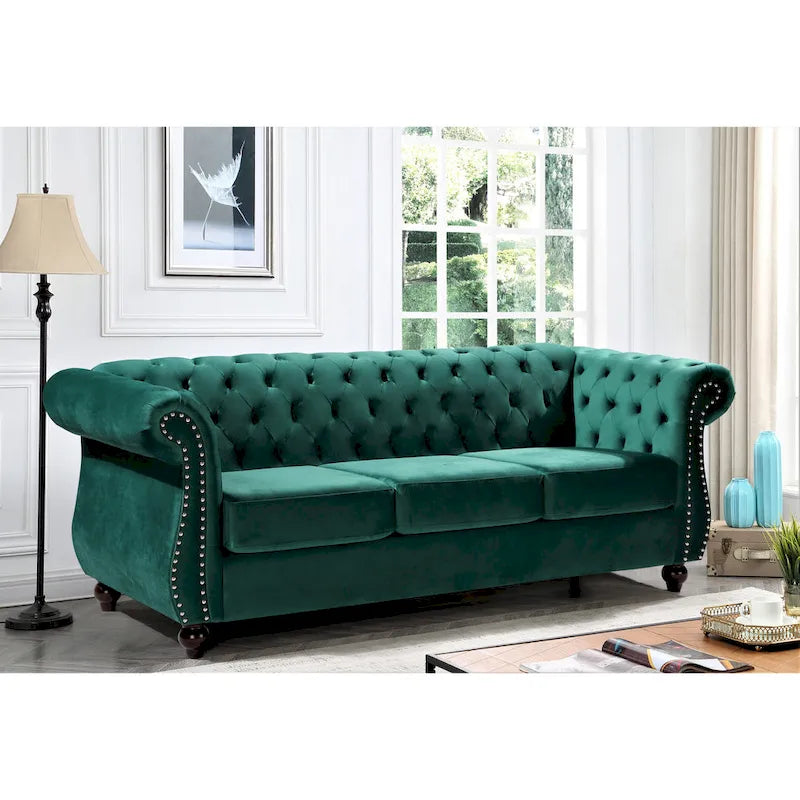 Canapé Chesterfield en velours – Gris/Ivoire/Noir/Bleu/Vert/Rose, 3 places