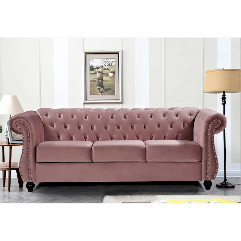Canapé Chesterfield en velours – Gris/Ivoire/Noir/Bleu/Vert/Rose, 3 places