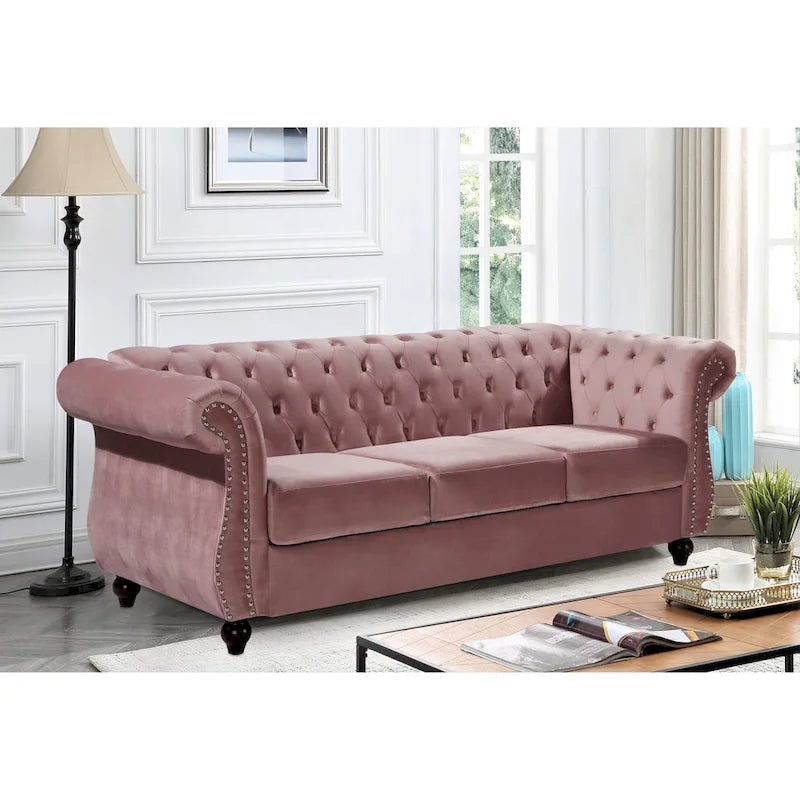 Canapé Chesterfield en velours – Gris/Ivoire/Noir/Bleu/Vert/Rose, 3 places