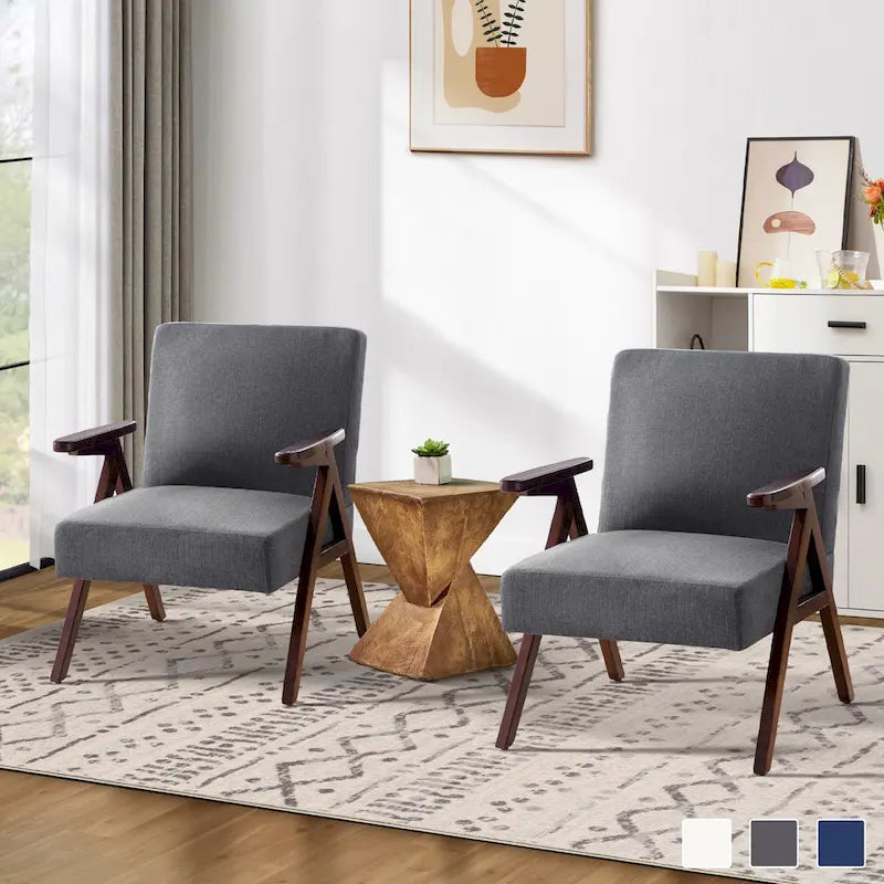 Fauteuil d'appoint rembourré bleu/blanc/gris de style Mid-Century, lot de 2