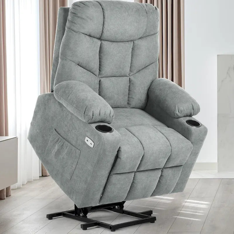 Fauteuil inclinable massant et releveur électrique – Tissu / Similicuir, Gris / Marron, 1 place