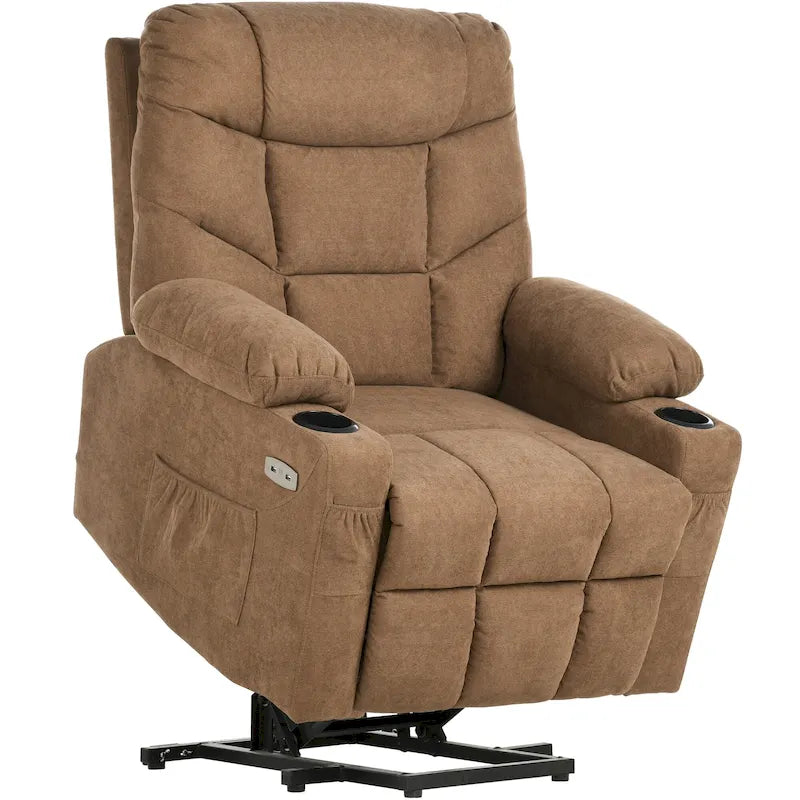Fauteuil inclinable massant et releveur électrique – Tissu / Similicuir, Gris / Marron, 1 place
