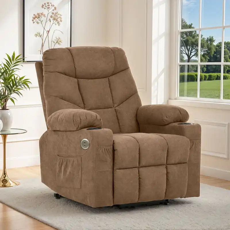 Fauteuil inclinable massant et releveur électrique – Tissu / Similicuir, Gris / Marron, 1 place