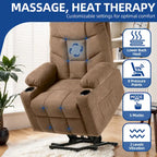 Fauteuil inclinable massant et releveur électrique – Tissu / Similicuir, Gris / Marron, 1 place