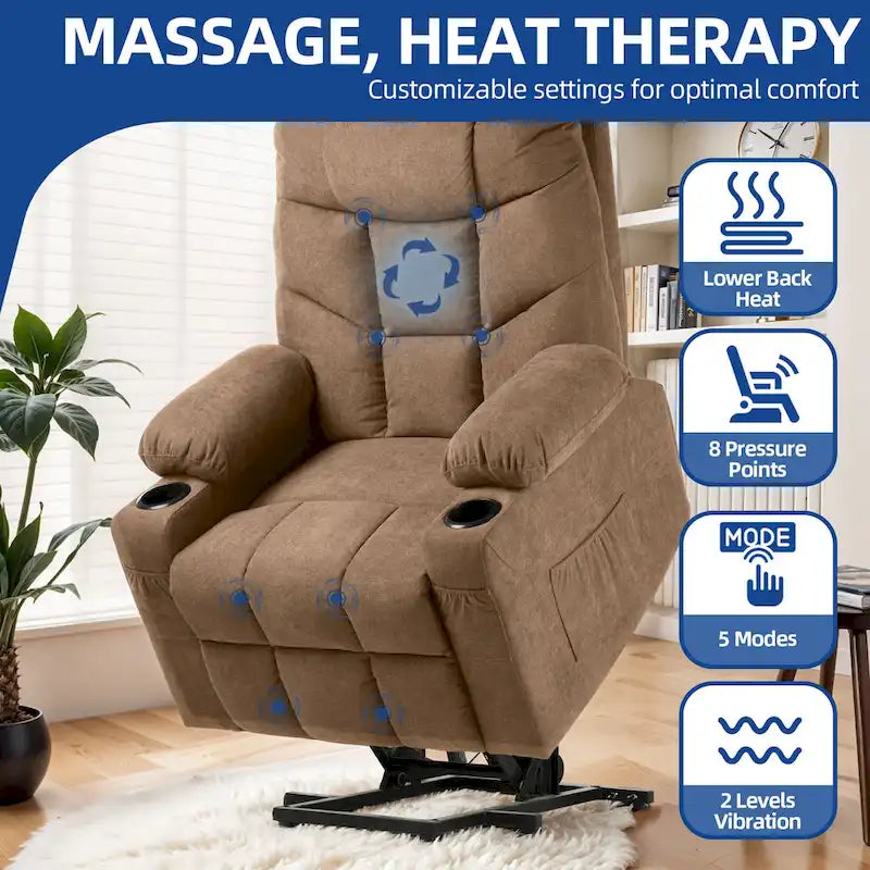 Fauteuil inclinable massant et releveur électrique – Tissu / Similicuir, Gris / Marron, 1 place