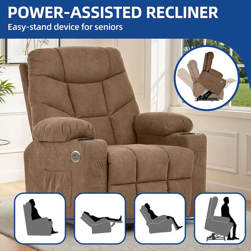 Fauteuil inclinable massant et releveur électrique – Tissu / Similicuir, Gris / Marron, 1 place
