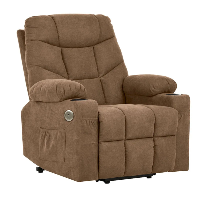 Fauteuil inclinable massant et releveur électrique – Tissu / Similicuir, Gris / Marron, 1 place