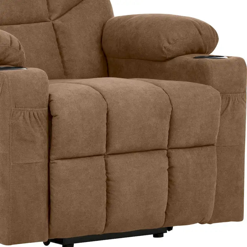 Fauteuil inclinable massant et releveur électrique – Tissu / Similicuir, Gris / Marron, 1 place