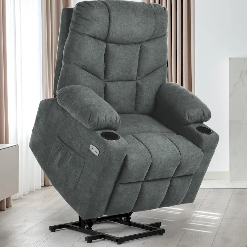 Fauteuil inclinable massant et releveur électrique – Tissu / Similicuir, Gris / Marron, 1 place