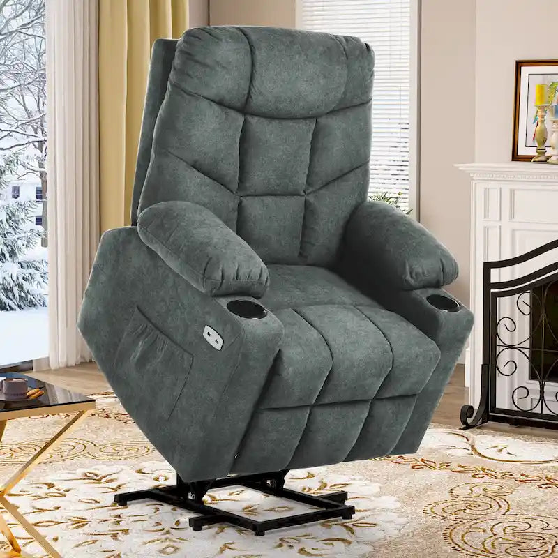 Fauteuil inclinable massant et releveur électrique – Tissu / Similicuir, Gris / Marron, 1 place