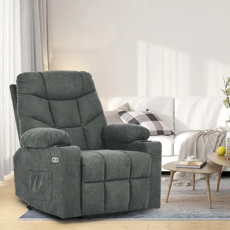 Fauteuil inclinable massant et releveur électrique – Tissu / Similicuir, Gris / Marron, 1 place