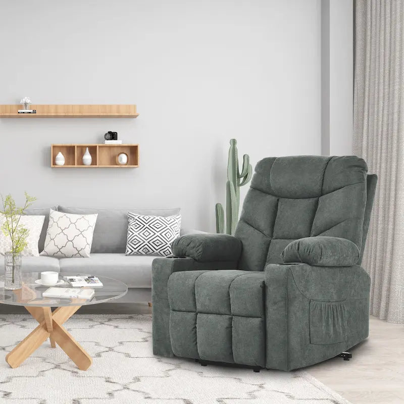 Fauteuil inclinable massant et releveur électrique – Tissu / Similicuir, Gris / Marron, 1 place