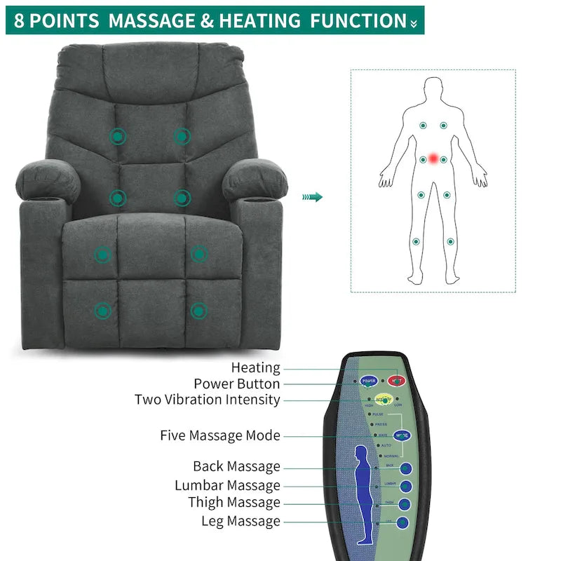 Fauteuil inclinable massant et releveur électrique – Tissu / Similicuir, Gris / Marron, 1 place