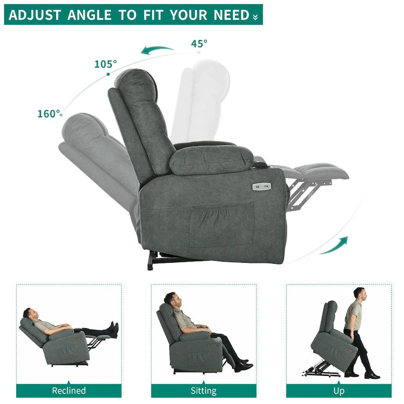 Fauteuil inclinable massant et releveur électrique – Tissu / Similicuir, Gris / Marron, 1 place