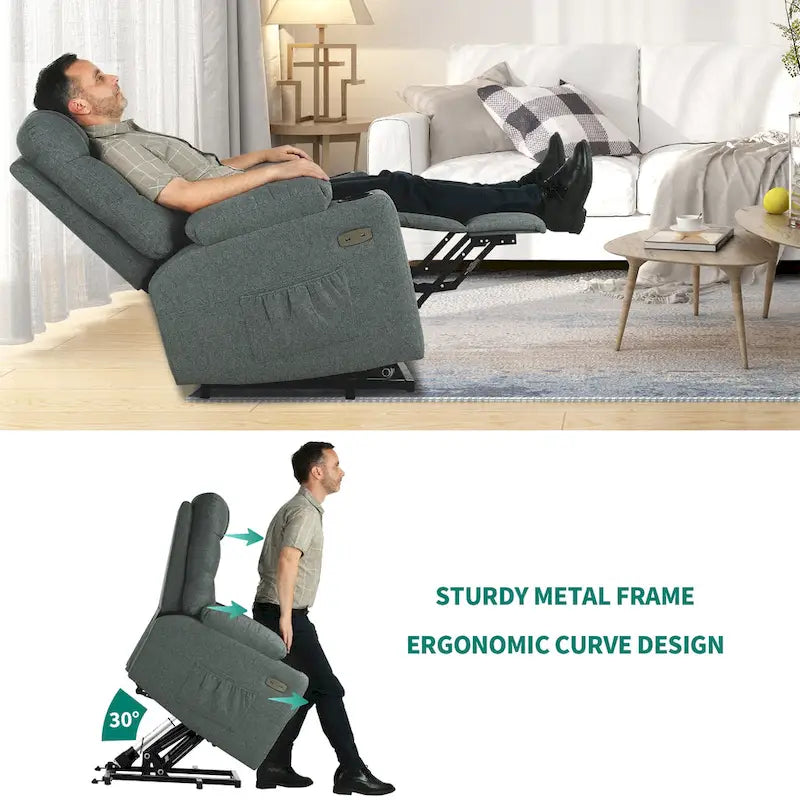 Fauteuil inclinable massant et releveur électrique – Tissu / Similicuir, Gris / Marron, 1 place
